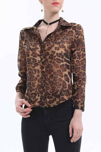 Womens New Fashion Leopard Printed Long Sleeve Casual Chiffon Shirt
