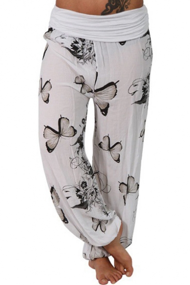 Womens New Stylish Elastic Waist Butterfly Printed Leisure Loose Wide Leg Pants