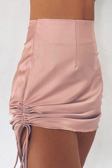 Womens New Stylish Simple Plain High Rise Drawstring Ruched Side Mini Short Bodycon Skirt