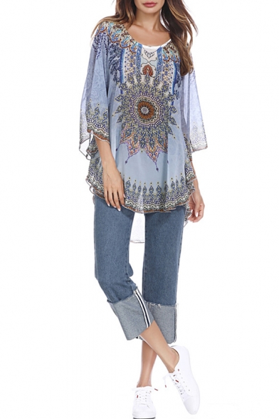 Womens Plus Size Trendy Tribal Printed Round Neck Blue Casual Loose Chiffon Blouse