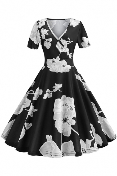 Womens Retro Surplice V-Neck Short Sleeve Chic Floral Printed Midi Black Flared Dress
