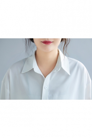 Womens Simple Basic Long Sleeve Casual Loose Button Down White Shirt