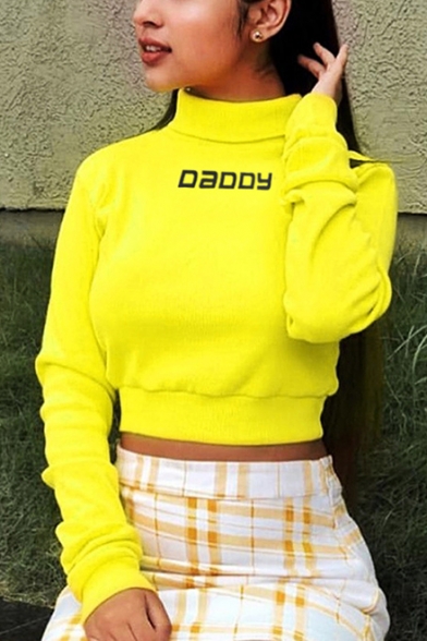 Womens Simple Letter DADDY Print High Neck Long Sleeve Slim Fit Yellow Crop Sweatshirt