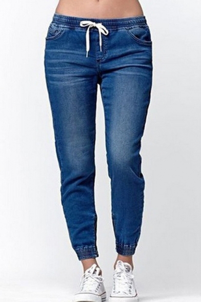 Womens Stylish Drawstring Waist Elastic Cuff Regular Fit Jeans