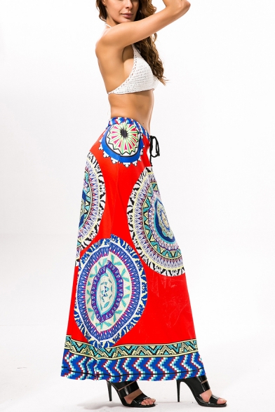 Womens Summer Fashion Tribal Printed Drawstring Waist Maxi Beach Flared Skirt