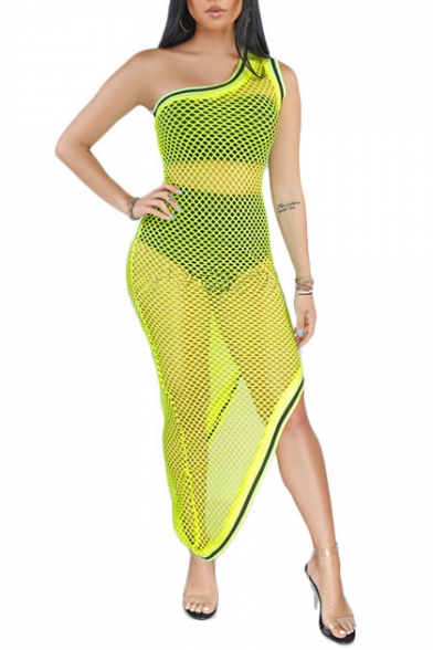 Womens Summer Hot Popular One Shoulder Sleeveless Hollow Mesh Fishnet Maxi Bodycon Dress