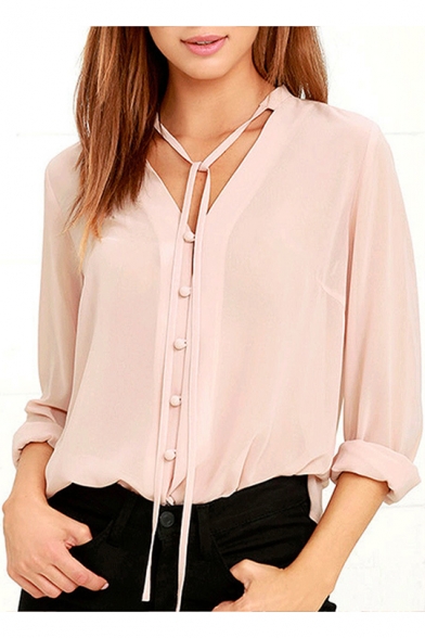 Womens Summer Pink Solid Color Tied V-Neck Long Sleeve Button Down Chiffon Blouse Top