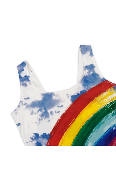 Womens Summer Popular Rainbow Printed Scoop Neck Sleeveless Slim One-Piece Swimsuit