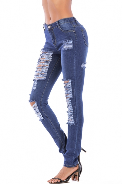 Womens Trendy Blue Destroyed Ripped Slim Fitted Denim Jeans