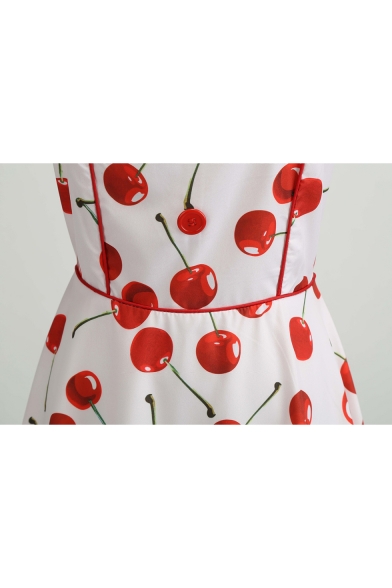 Womens Trendy Vintage Allover Cherry Pattern Sleeveless White Midi Flared Swing Dress