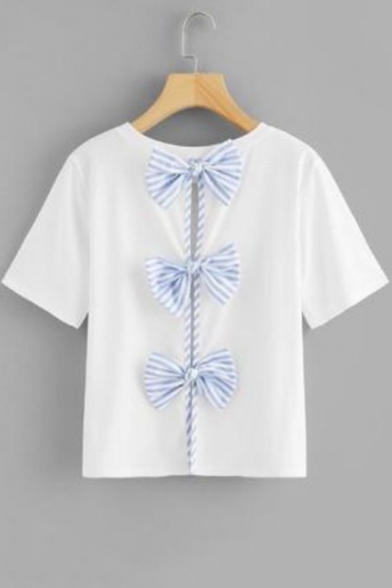 Womens Unique Fashion Bow-Tied Cutout Back Simple Round Neck Short Sleeve Plain T-Shirt