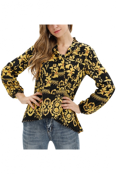 Womens Yellow Floral Printed Tied Collar Long Sleeve Casual Loose Blouse Top