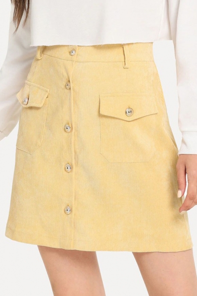 Yellow Button Down Pocket Embellished High Waist Mini A-Line Skirt for Women