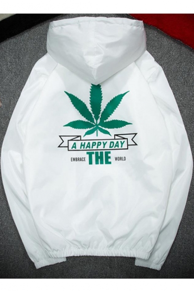 A HAPPY DAY Weed Logo Print Long Sleeve Zip Up Hooded Casual Lightweight Jacket