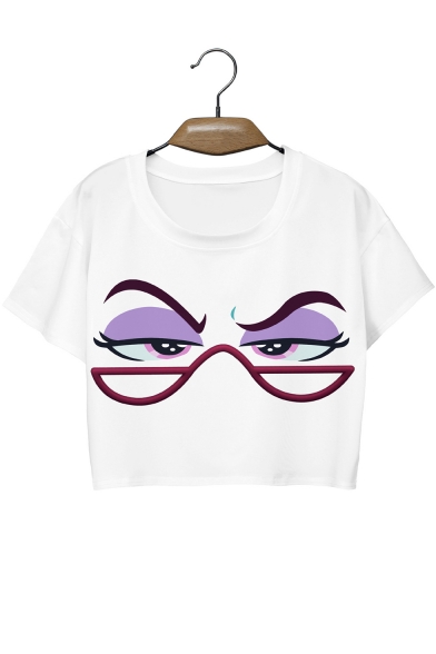 Cool Funny Cartoon Eyes Printed Round Neck Short Sleeve White Casual Crop Tee