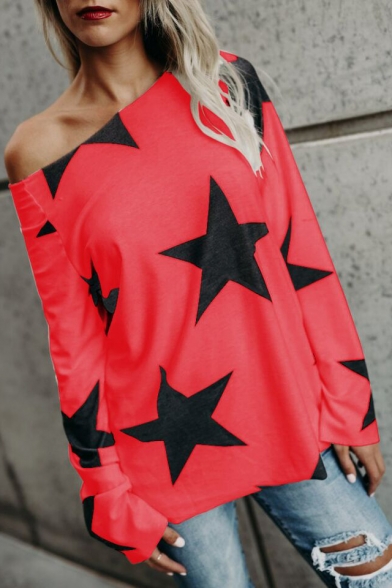 Cool Street Style Allover Star Printed One Shoulder Long Sleeve Casual Loose Cotton Tee