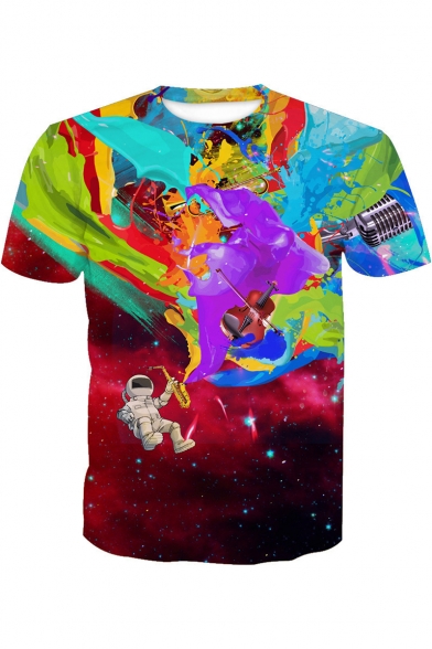 Creative Colorful Dream Painting Violin Astronaut Printed Short Sleeve Round Neck T-Shirt
