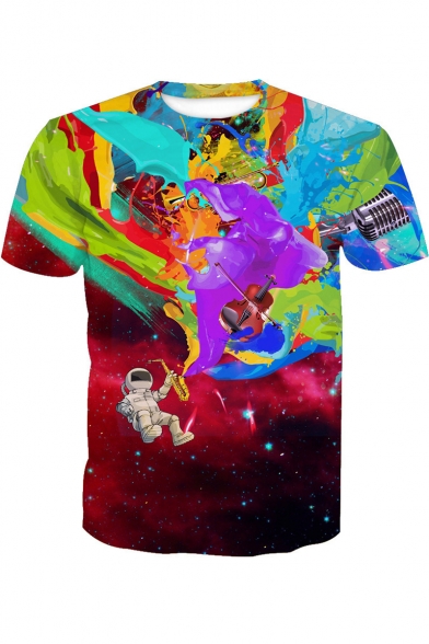 Creative Colorful Dream Painting Violin Astronaut Printed Short Sleeve Round Neck T-Shirt