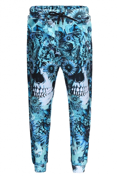 Creative Fashion Cool Skull Floral 3D Printed Blue Drawstring Waist Casual Relaxed Jogging Sweatpants