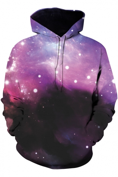 Fancy Purple Galaxy Pattern Long Sleeve Sport Loose Pullover Drawstring Hoodie
