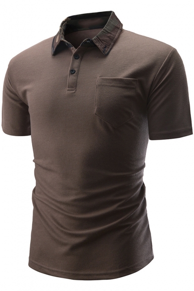 Fashion Camo Turn-Down Collar Three-Button Front Short Sleeve One Pocket Patched Chest Fitted Polo Shirt for Men