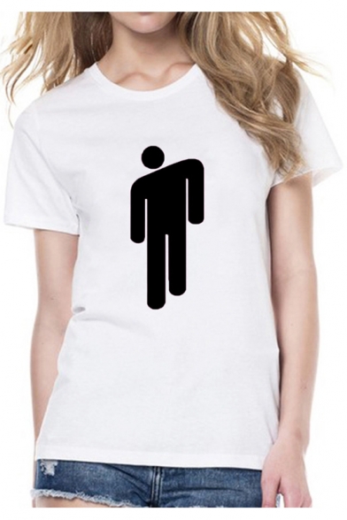 Funny Simple Puppet Print Round Neck Short Sleeve Fitted White Tee