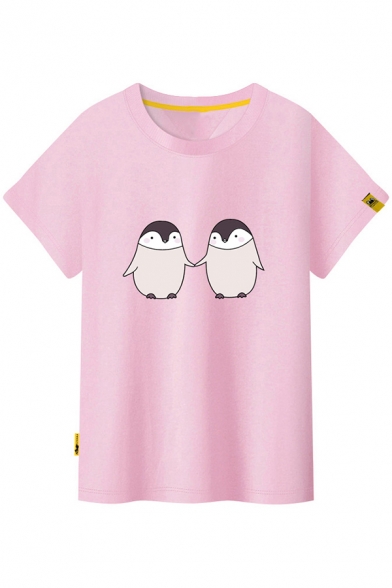 Girls Cute Cartoon Penguin Print Summer Short Sleeve Cotton Tee