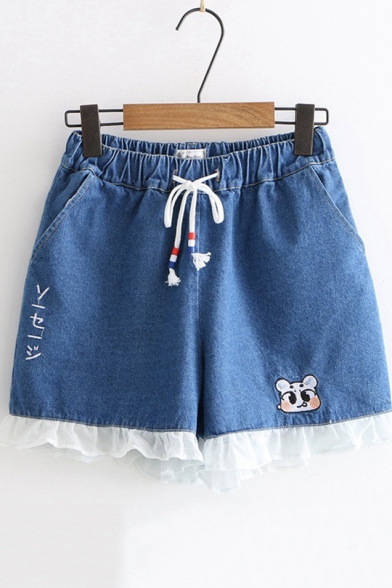 Girls Cute Simple Embroidery Lace Trimmed Drawcord-Waist Loose Leisure Denim Shorts
