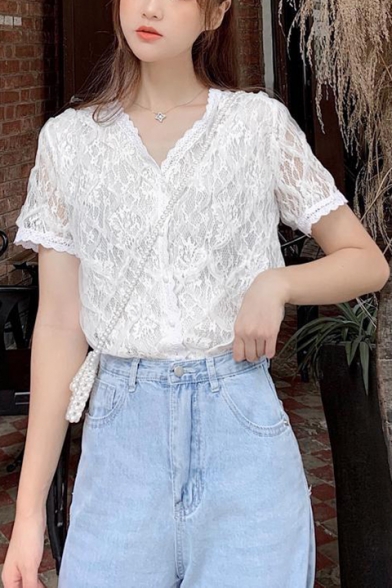 Girls Designer Fancy Plain White V-Neck Short Sleeve Button Front Lace Shirt Blouse