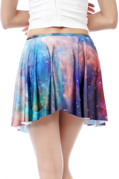 Girls Fashion 3D Galaxy Print Elasticated-Waist Mini Skater Skirt