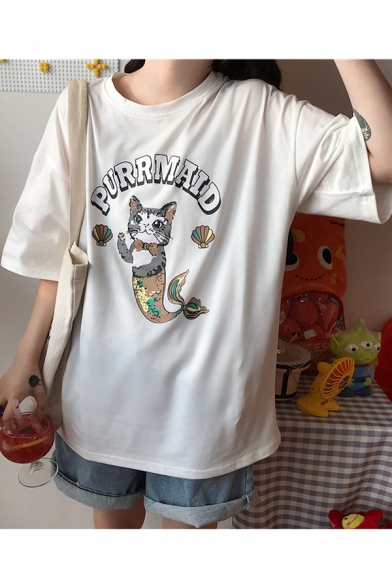 Girls Funny Cute PURRMAID Cat Pattern Round Neck Oversized T-Shirt