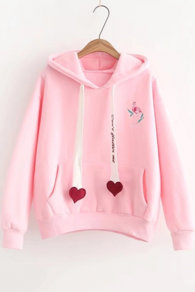 Girls Simple Flamingo Embroidery Letter Heart Drawstring Loose Fit Pullover Hoodie