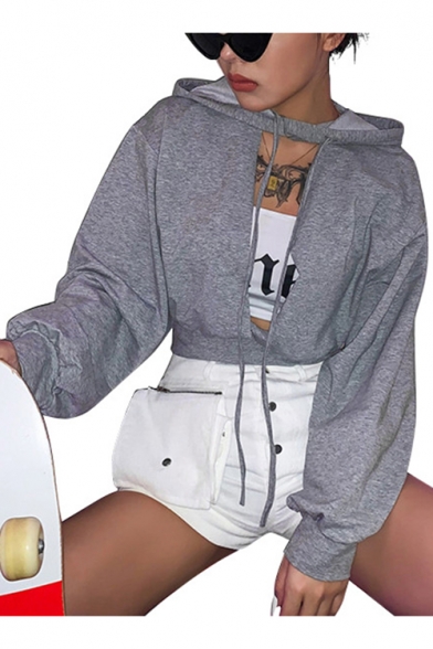 Girls Street Fashion Plain Sexy Cutout Front Long Sleeve Cropped Hoodie