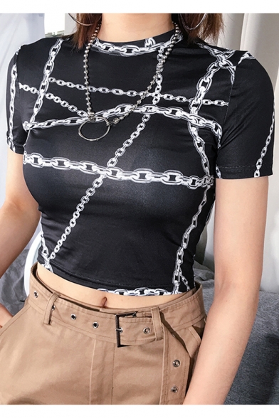 Girls Summer Cool Street Fashion Short Sleeve Black Chain Print Slim Crop Tee