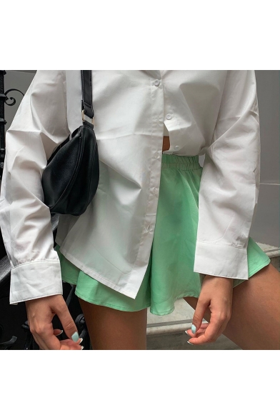 Girls Summer Hot Trendy Green Simple Plain Elastic Waist High Rise Wide-Leg Culottes Shorts
