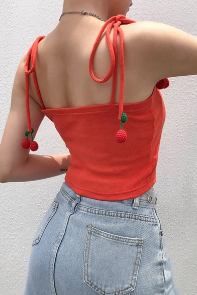 Girls Summer Red Cute Strawberry Tied Strap Slim Fitted Crop Cami Top