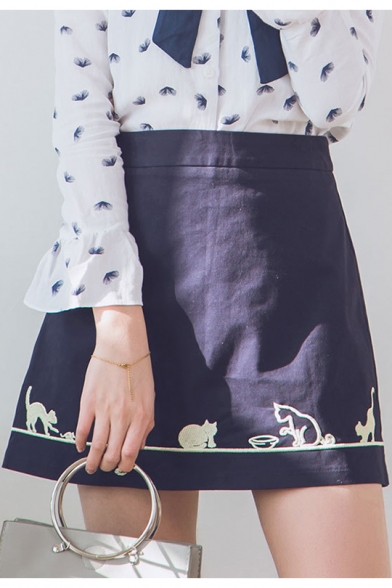 Girls Sweet Cat Embroidery High Rise Navy Blue Mini A-Line Skirt with Liner