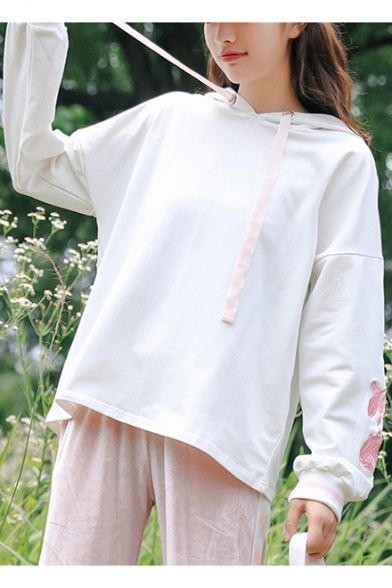 Girls Sweet Floral Embroidery Long Sleeve White Loose Fit Hoodie