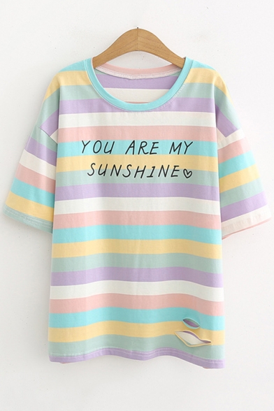 Girls Sweet Letter YOU ARE MY SUNSHINE Print Short Sleeve Striped Casual Cotton Tee