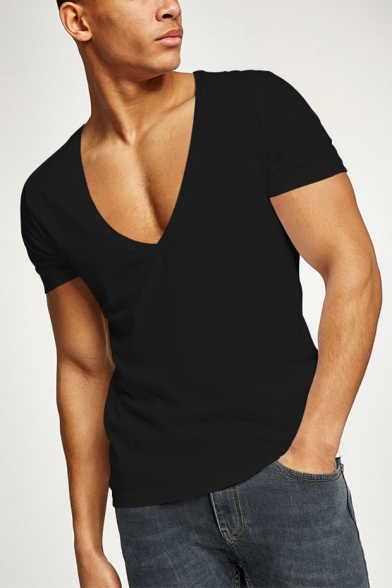 Guys Hot Popular Sexy Plunging V-Neck Short Sleeve Cotton Fitness T-Shirt