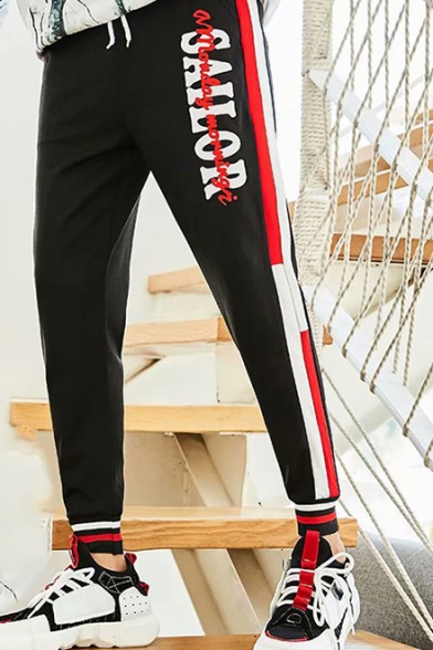 Guys New Fashion Colorblock Stripe Side Letter Printed Drawstring Waist Casual Warm Sports Sweatpants