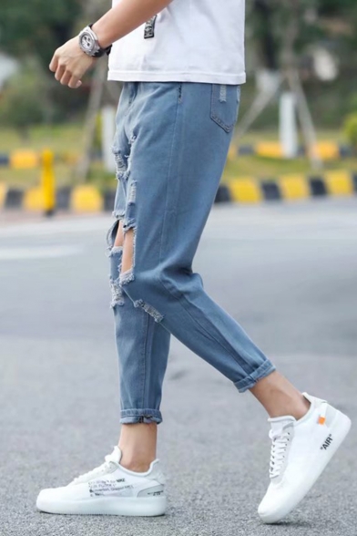 Guys New Fashion Light Blue Simple Plain Knee Cut Trendy Ripped Jeans Beautifulhalo Com