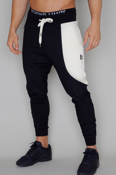 Guys New Stylish Colorblock Patched Logo Embroidery Slim Sports Sweatpants