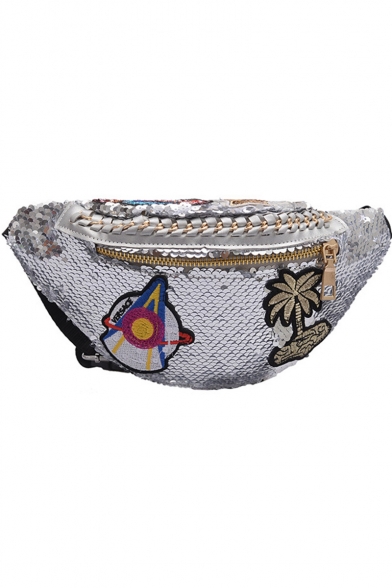 Hot Fashion Rocket Coconut Tree Patched Sequin Waist Belt Bag 14*27*5 CM