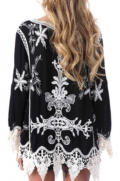 Hot Fashion V-Neck Floral Embroidered Lace Up Cutout Lace Trim Long Sleeve Boho Womens Blouse