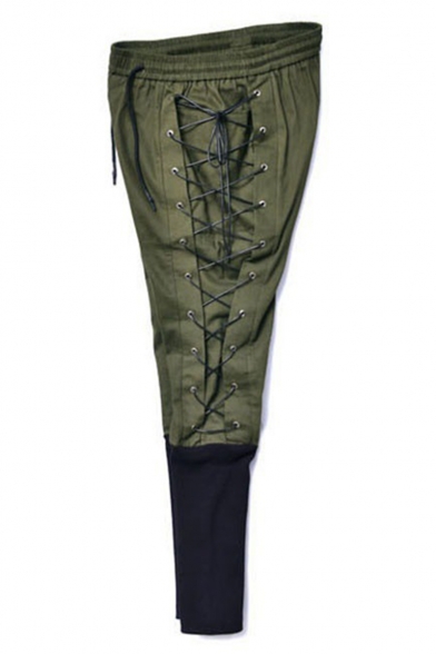 Medieval style Crisscross Tied Side Drawstring Waist Men's Fashion Retro Slim Fit Pencil Pants