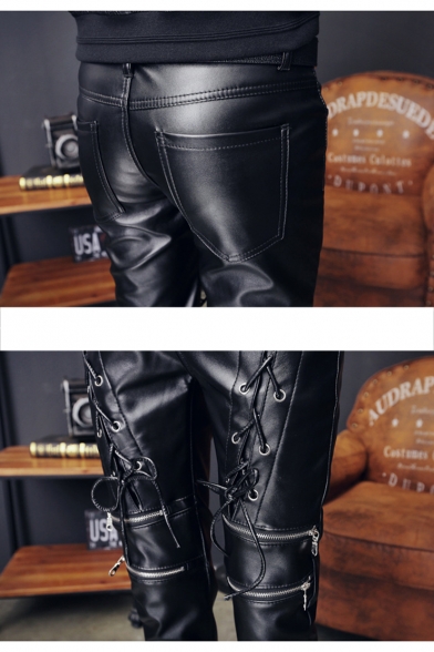 Men's Cool Fashion Crisscross Tied Design Zipper Embellished Black PU Leather Night Club Pencil Pants