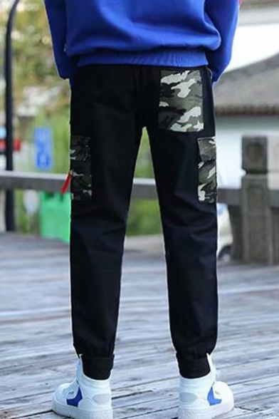 Men's Fashion Camouflage Printed Drawstring Waist Black Cotton Casual Cargo Pants