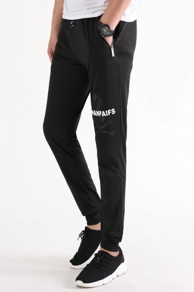 Men's Fashion Letter Skull Printed Drawstring Waist Black Casual Comfortable Sweatpants