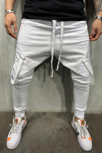 Men's Hip Pop Style Simple Plain Ribbon Embellished Drawstring Waist Casual Pencil Pants